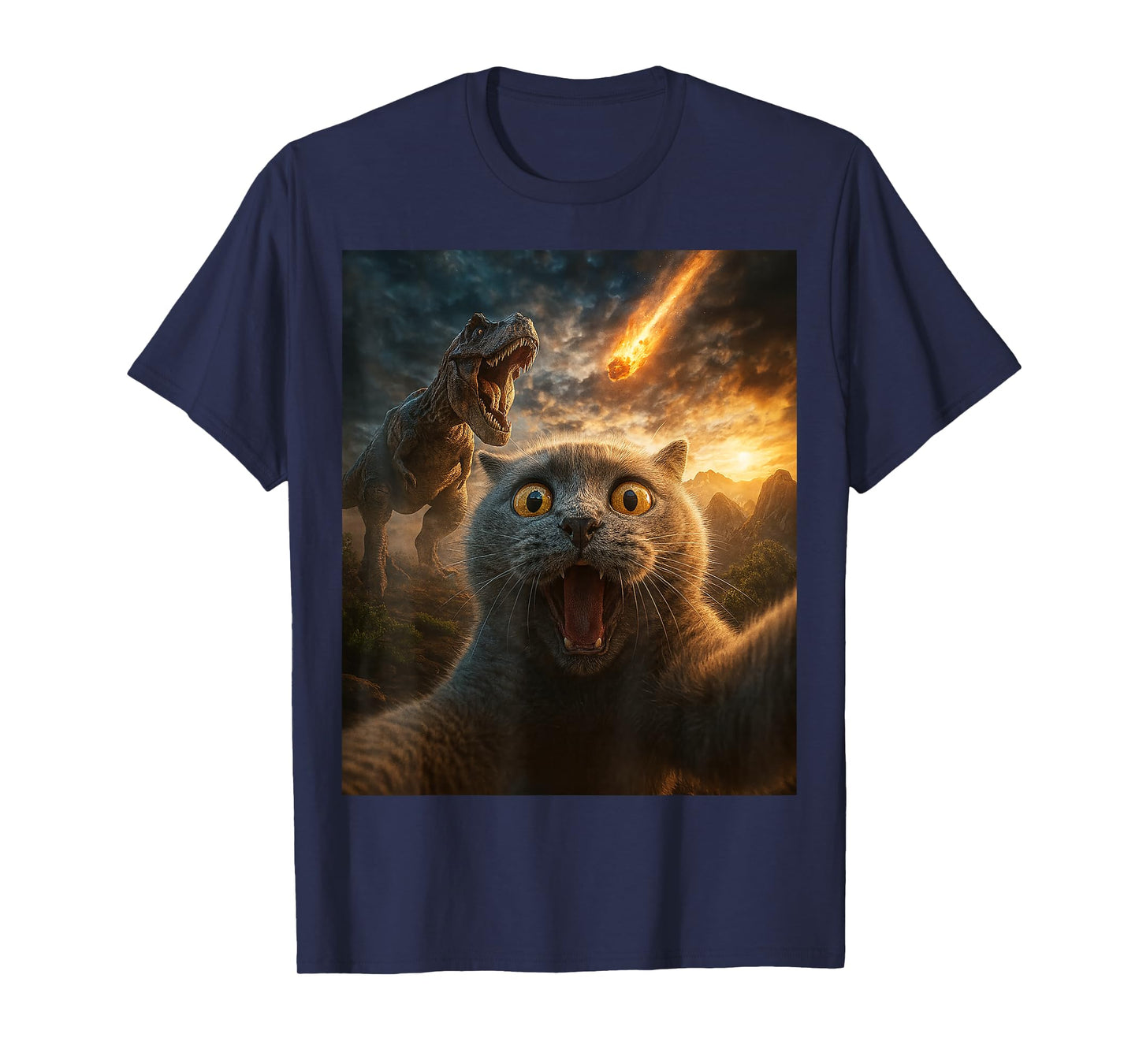 Funny Cat Selfie with Dinosaur and Meteor Apocalypse Gifts T-Shirt