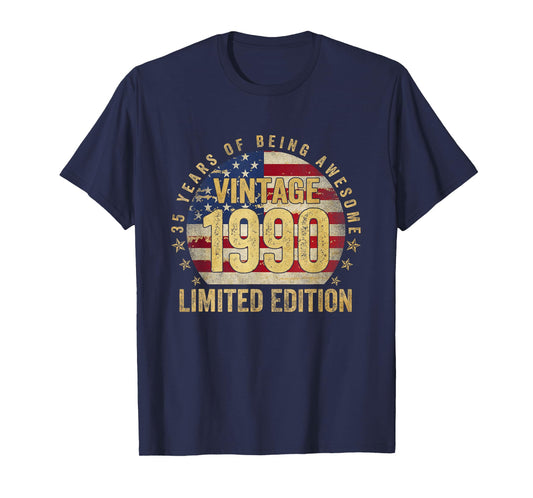 Vintage Made In 1990 American Flag 35th Birthday Gifts Men T-Shirt