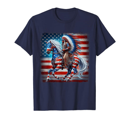 Indian Riding Horse Native American Flag 4th of July T-Shirt