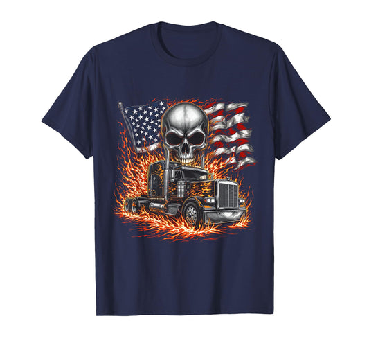 Trucker Patriotic American Flag Semi Truck Driver Skull T-Shirt