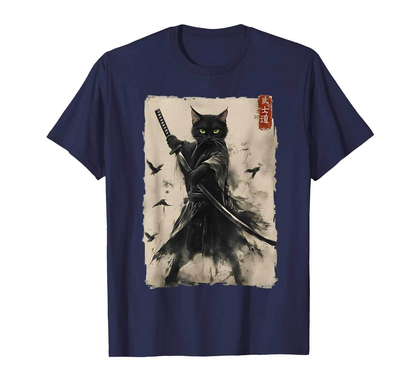 Samurai Cat Japanese Art Men Boys Funny Graphic Cats Tee T-Shirt