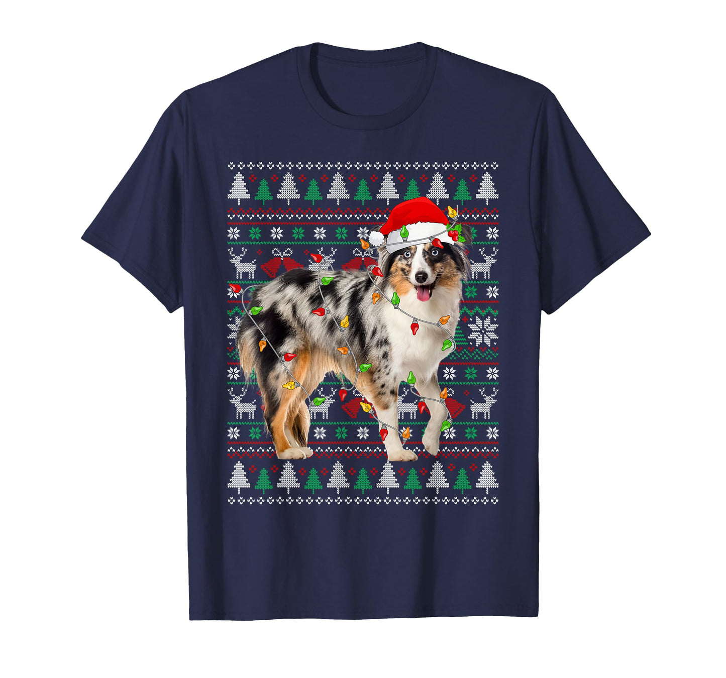 Australian Shepherd Dog Christmas Ugly Sweater Santa Xmas T-Shirt