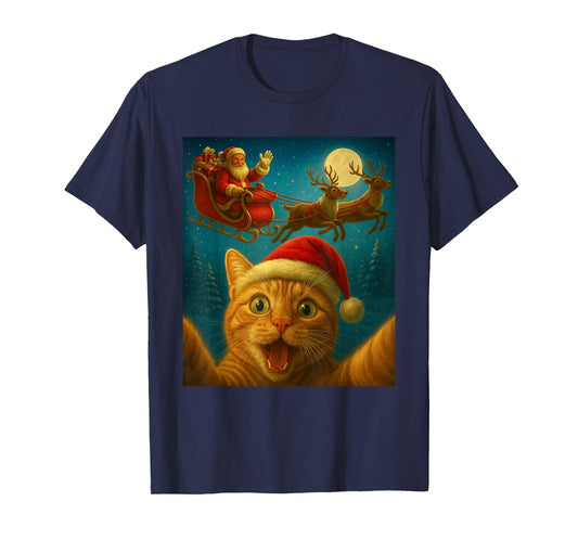 Christmas Cat Selfie with Santa Claus Funny Cat Graphic Xmas T-Shirt