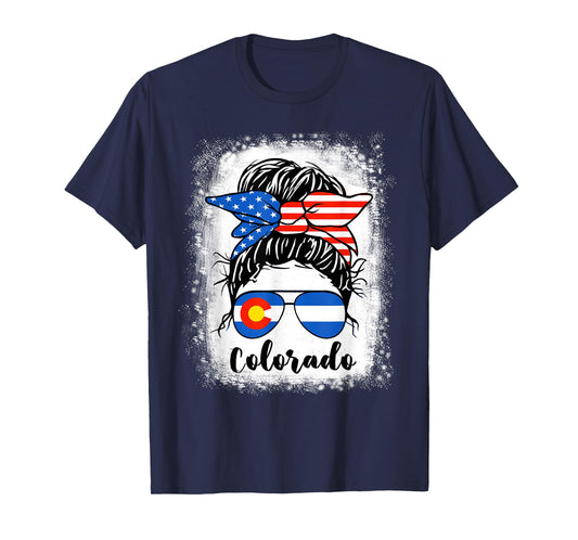 Colorado State Flag Sunglasses Mom Messy Bun Hair Girl T-Shirt