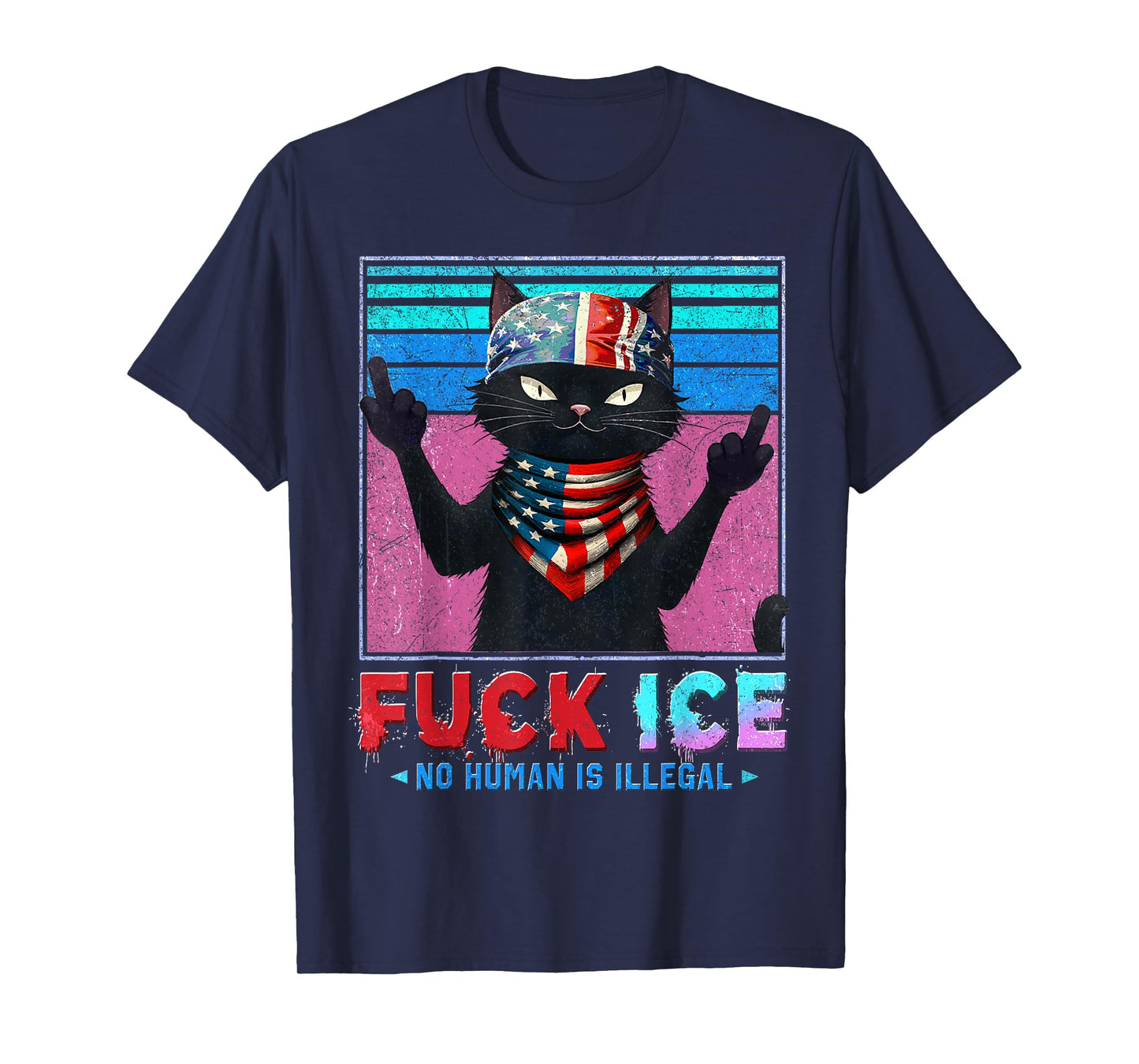 FCK ICE Distressed Funny Black Cat Humorous T-Shirt