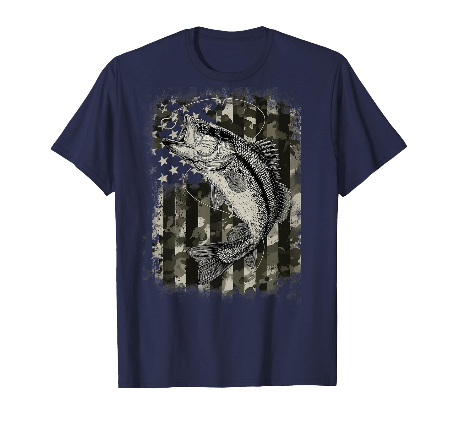 Camouflage American Flag Fisherman Bass Fishing (On Back) T-Shirt