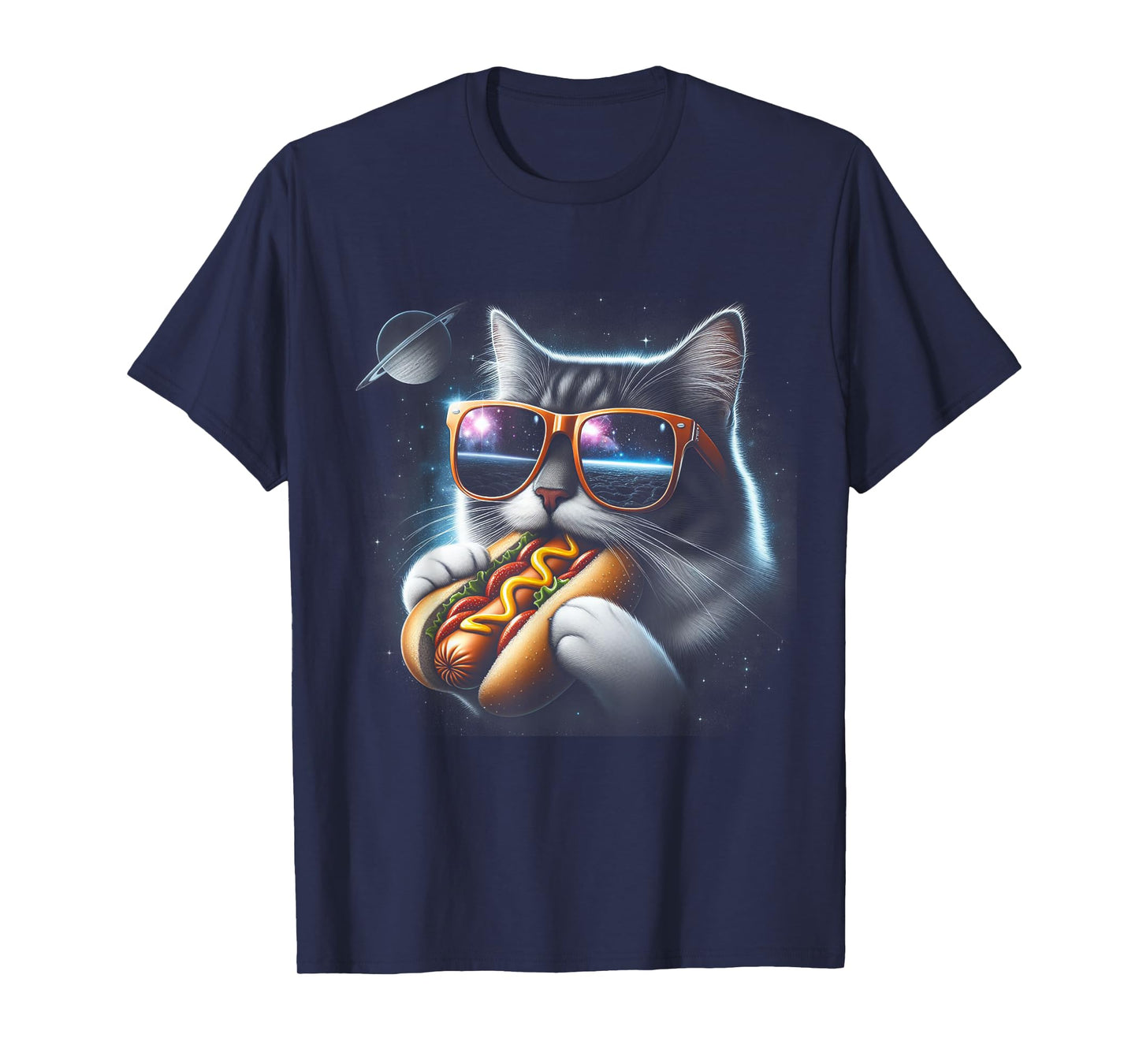 Funny Cat Eating Hotdog in Space Kitty Space Galaxy T-Shirt