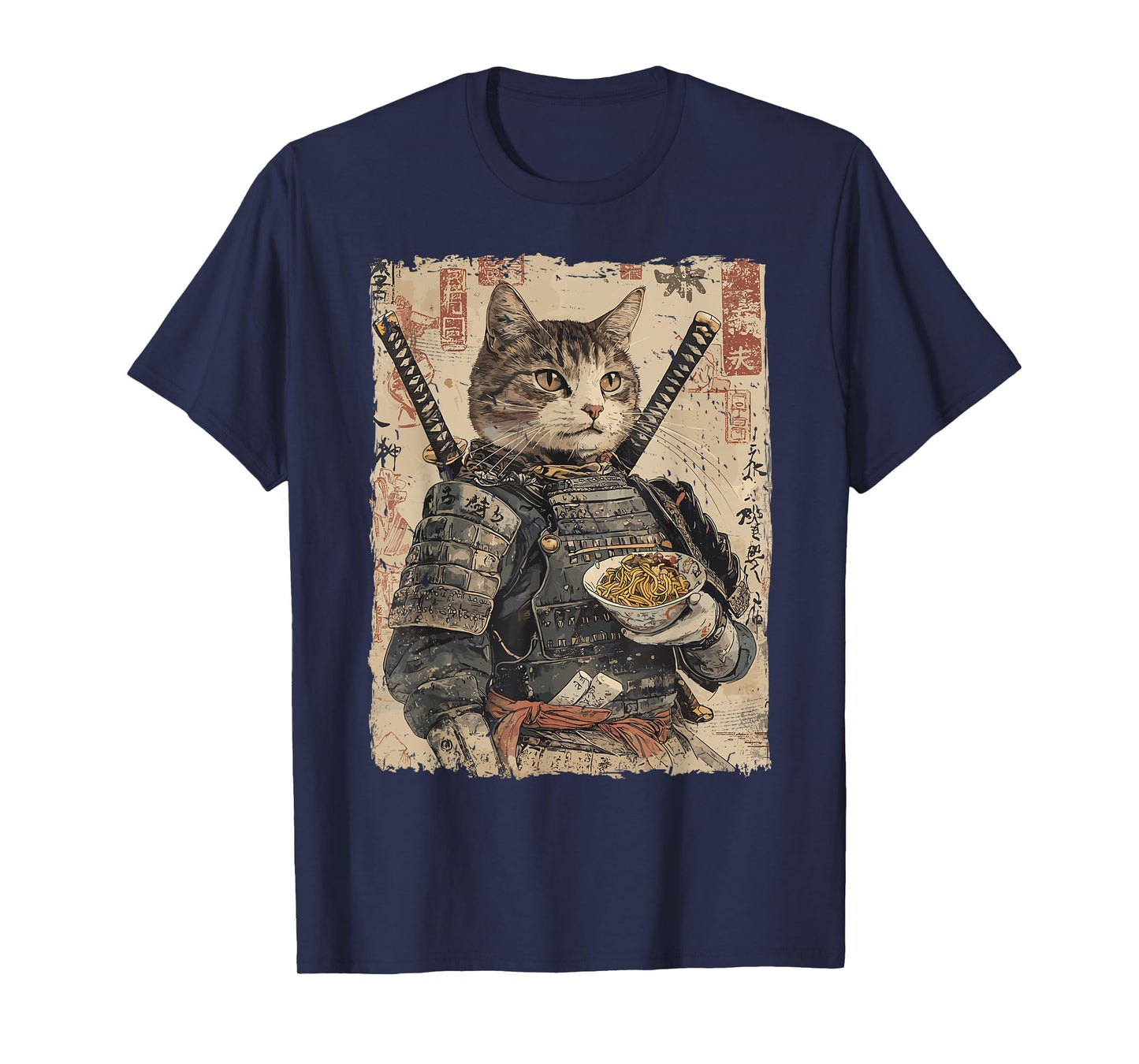 Samurai Cat Loves Ramen Funny Anime Japanese Artwork Samurai T-Shirt