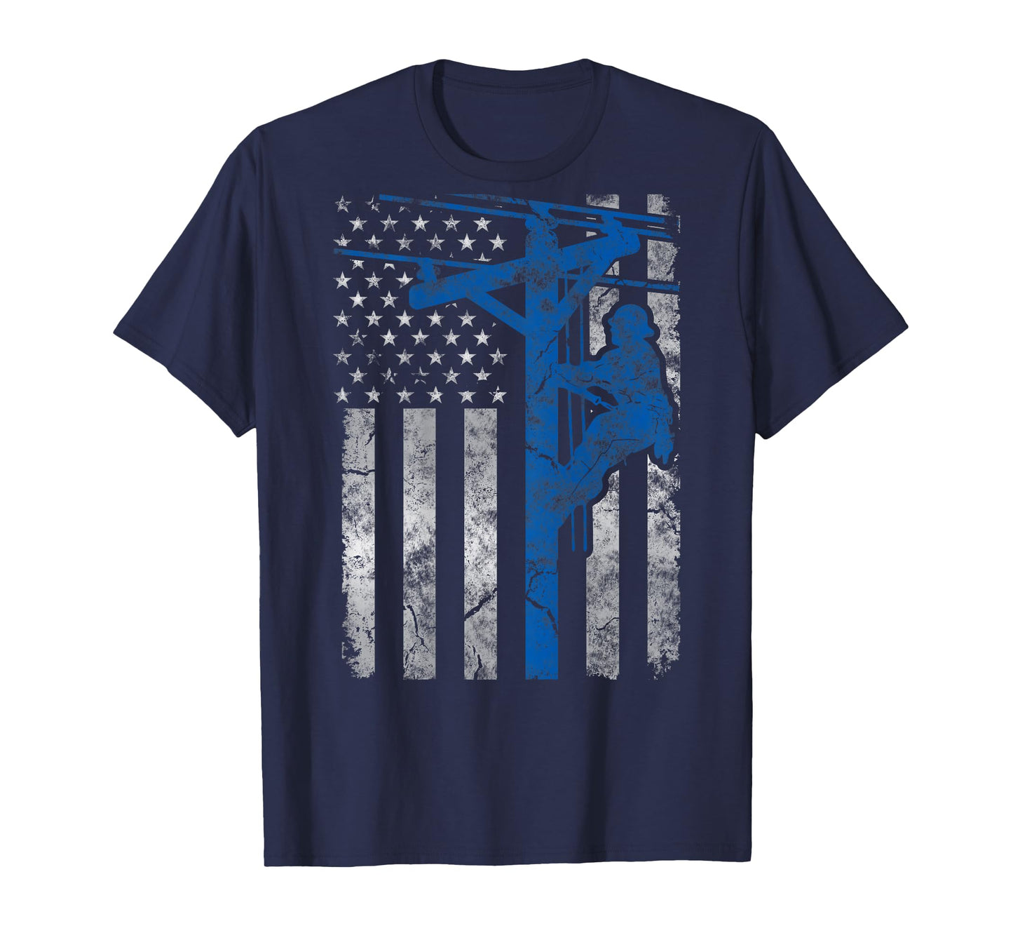 Distressed Patriotic Thin Blue Line Lineman American Flag T-Shirt