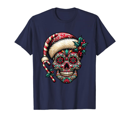 Christmas Sugar Skull Santa Hat Day Of The Dead Xmas Holiday T-Shirt