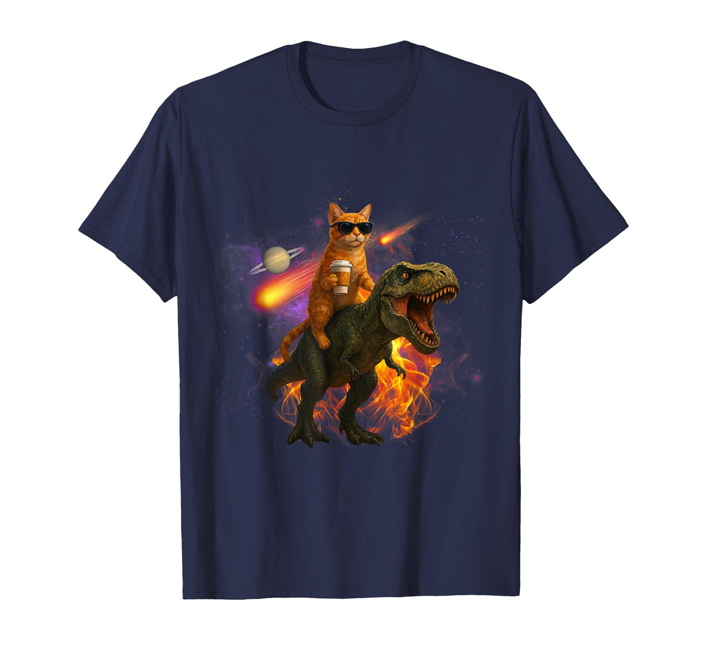 Cosmic Coffee Cat, Funny Stargazing Feline with T-Rex & UFO T-Shirt