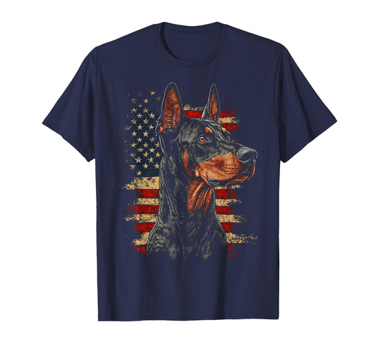 Doberman USA Flag Patriotic Dog Art T-Shirt