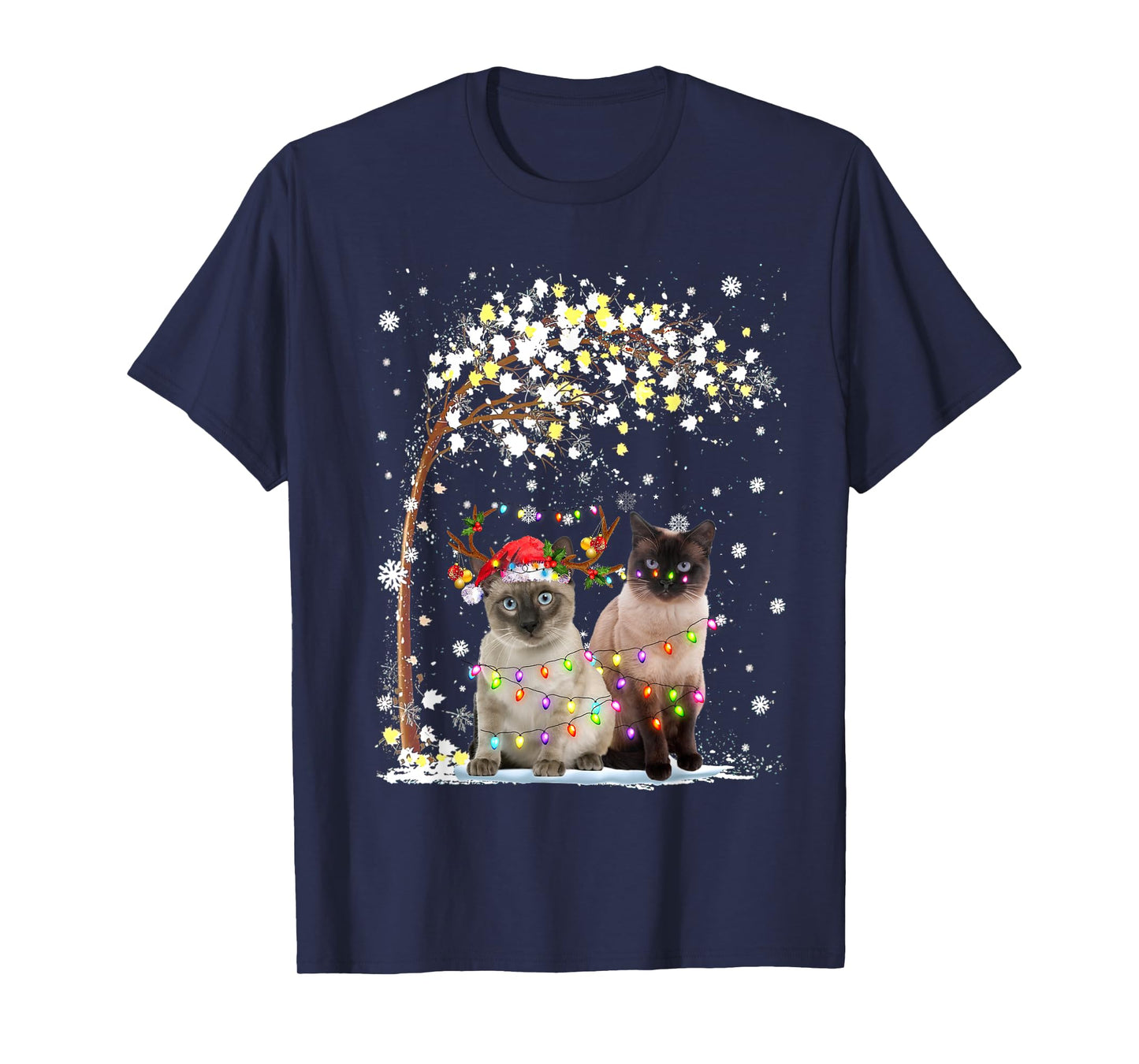 Siamese Cat Reindeer Hat Santa Christmas Tree Funny Xmas Men Women T-Shirt
