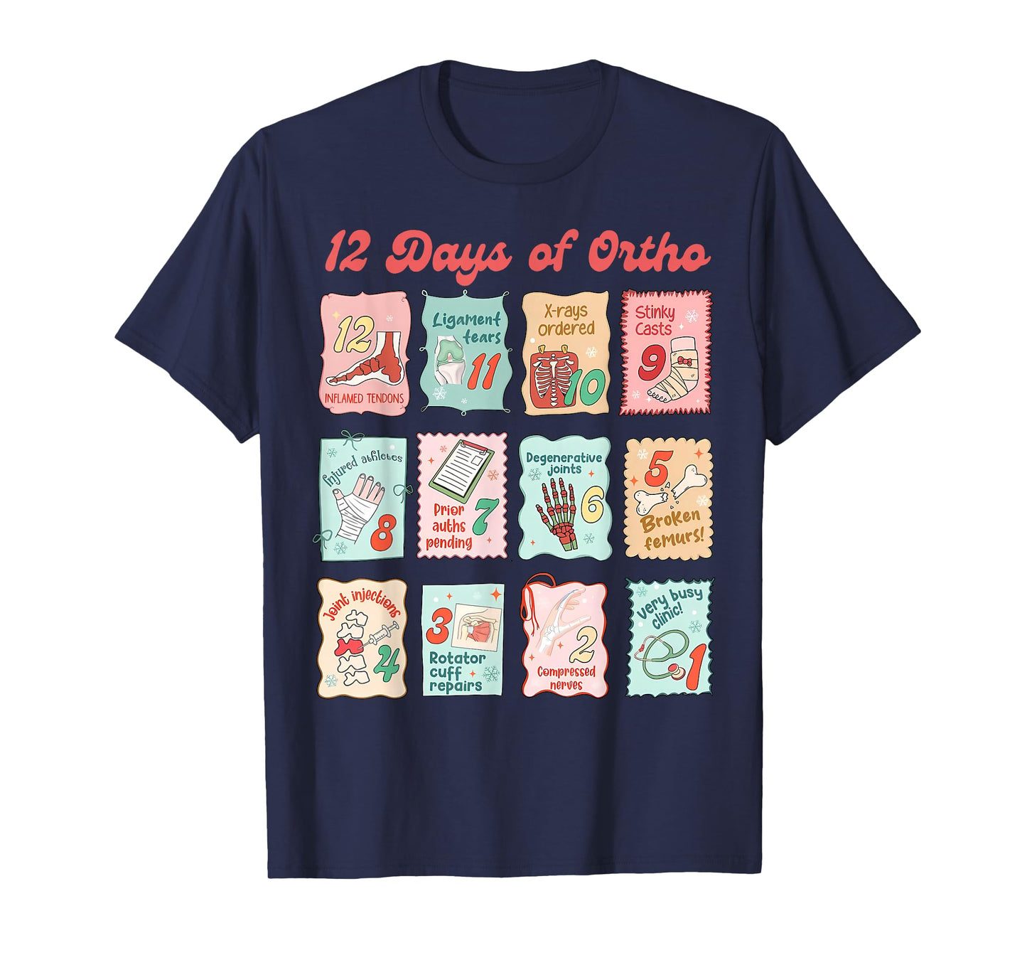 Retro Stamp 12 Days of Ortho Christmas Orthopedic Surgeon T-Shirt