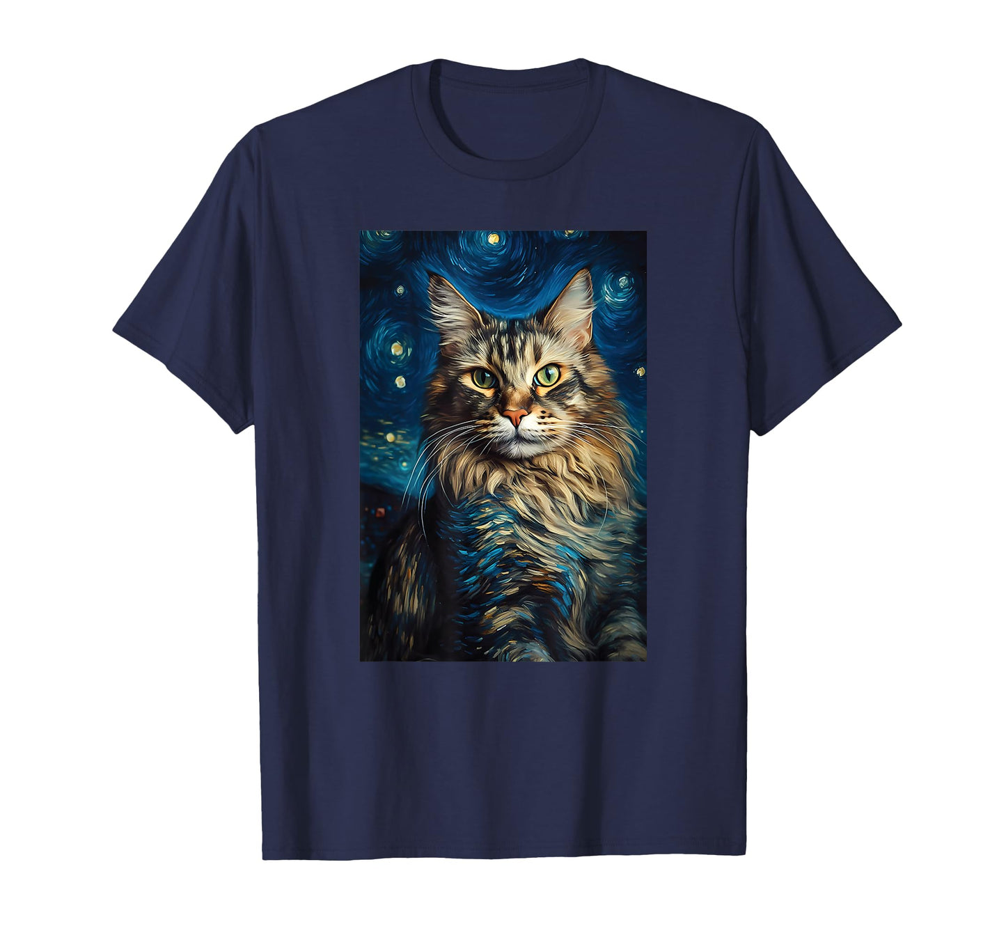 Maine Coon cat painting kitten Van Gogh art Starry Night sky Men Women Kids T-Shirt