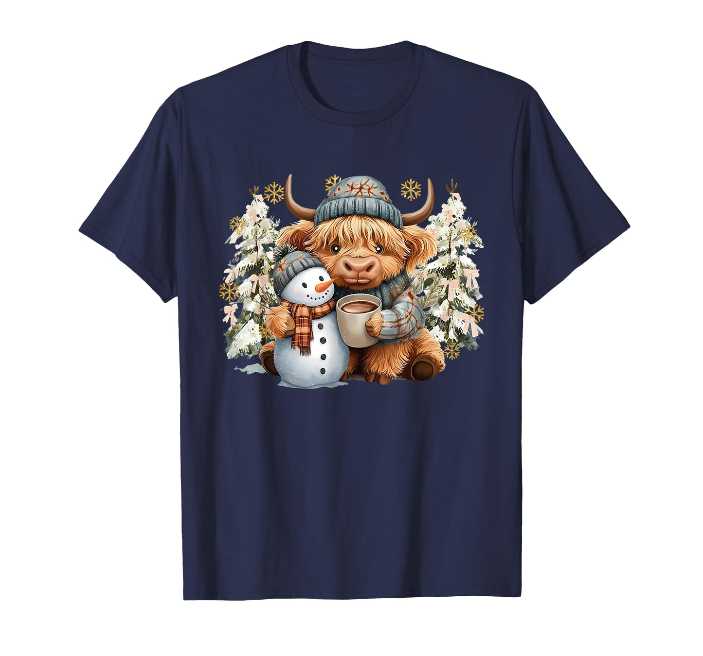 Cute Highland Cow with Snowman Hot Cocoa Christmas Trees T-Shirt