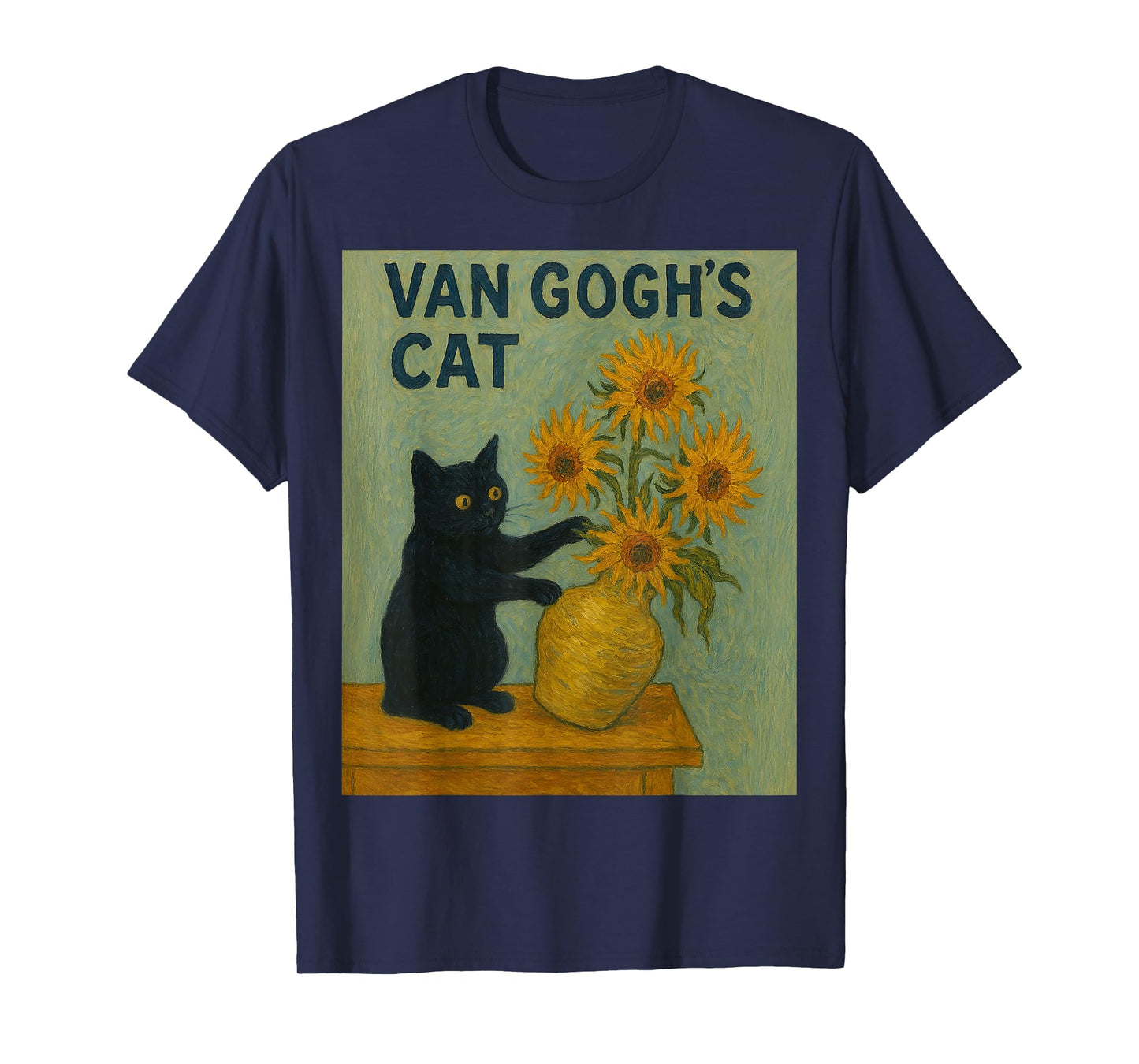 Funny Sunflower Cat Mischief - Art Mashup Van Gogh Painting T-Shirt