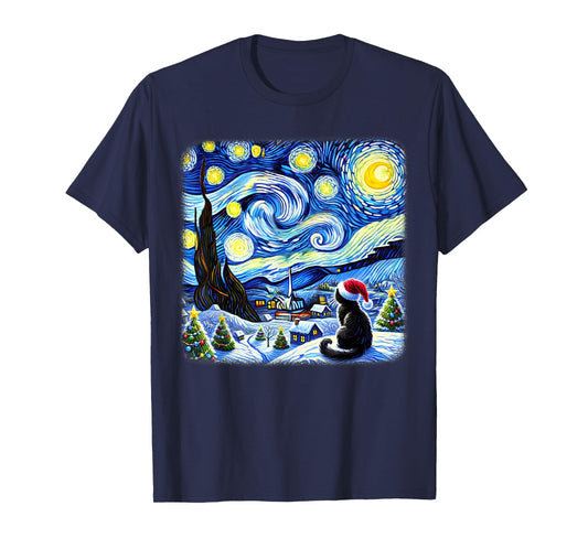Christmas Van Gogh Starry Night Black Cat Santa Hat Xmas T-Shirt