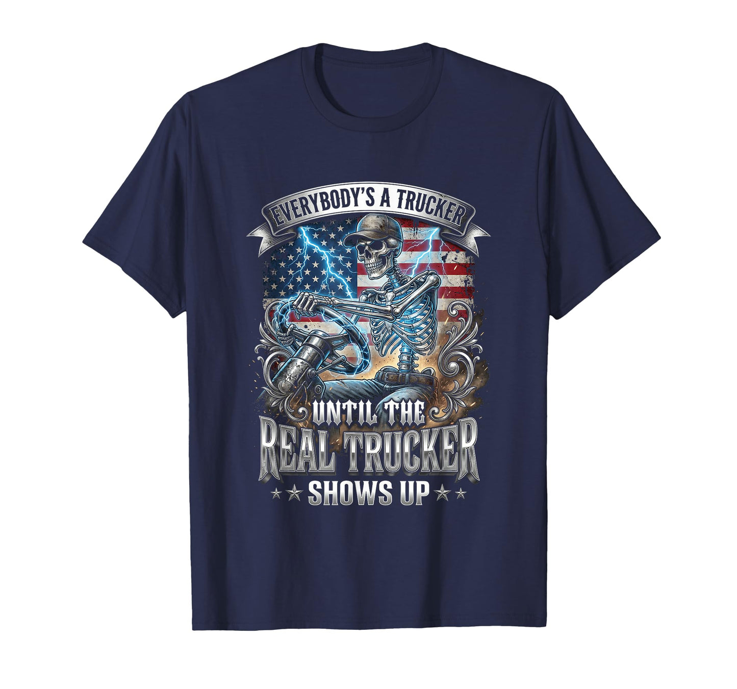 American Flag Skeleton Trucker Semi Driver Big Rig T-Shirt