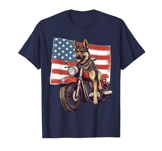 Cool German Shephard Dog on Motorcycle Patriotic America USA T-Shirt