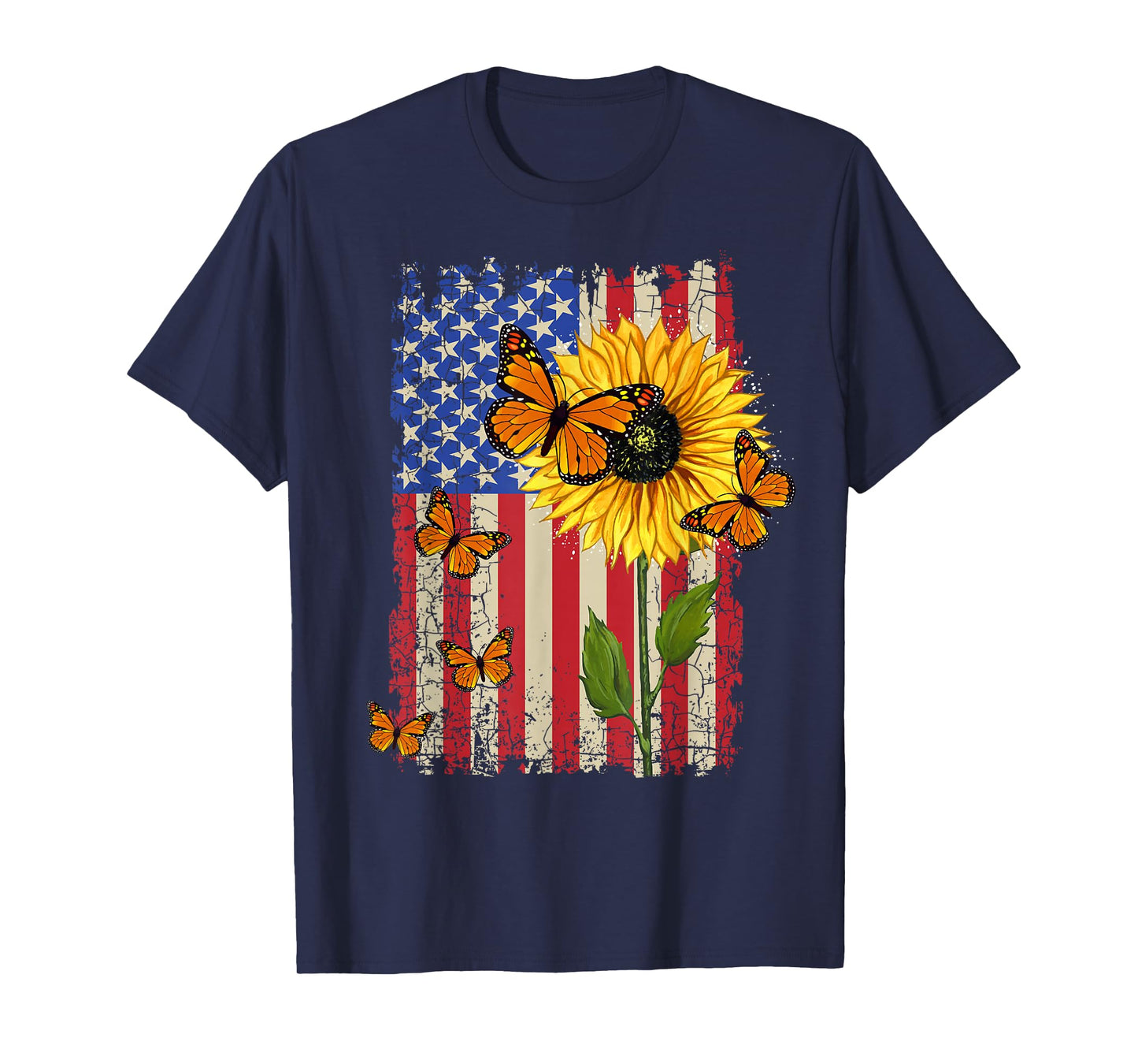 Sunflower Monarch Butterflies Patriotic American Flag Womens T-Shirt
