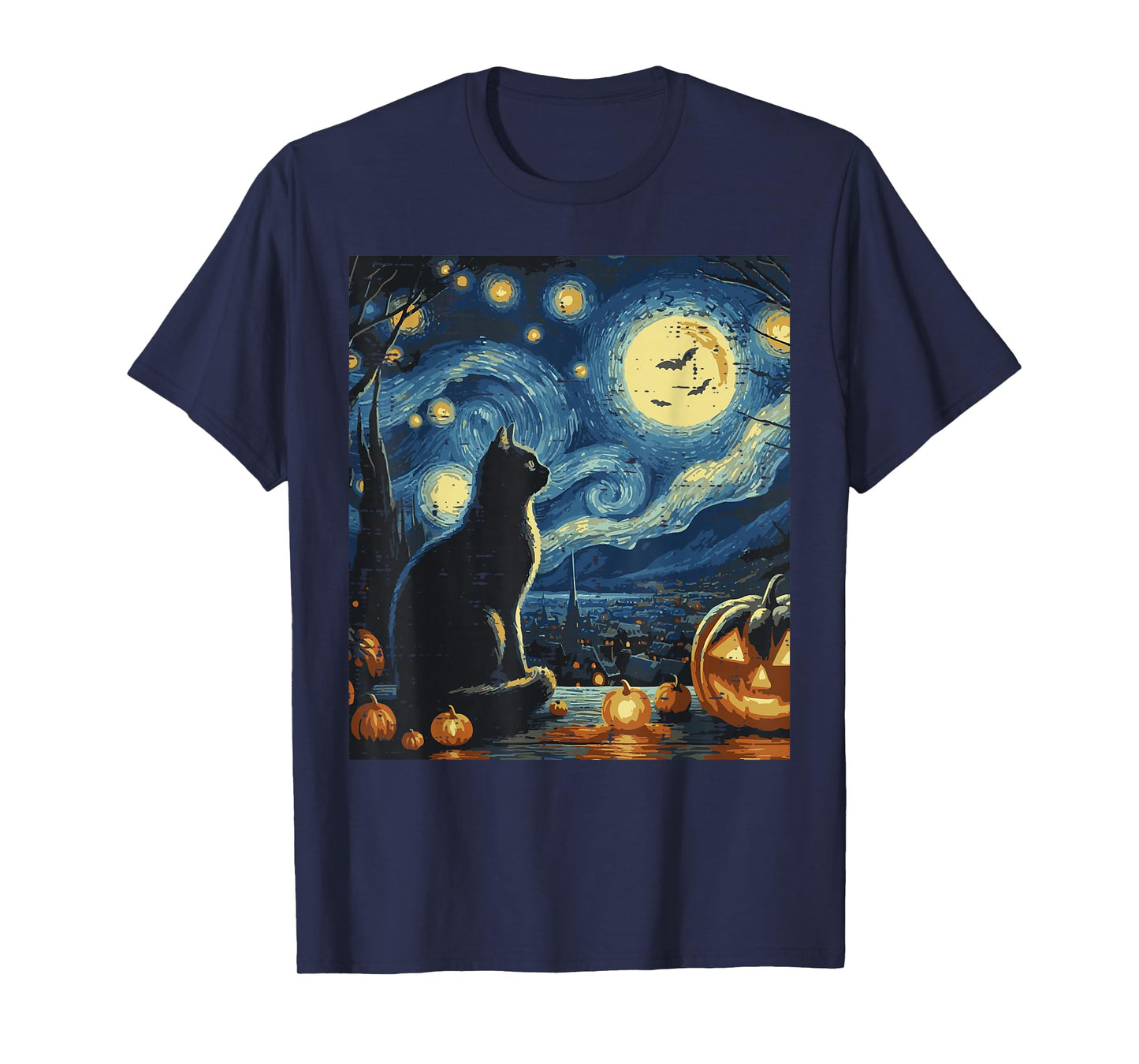 Halloween Cat Starry Night Funny Costume Art Women Men Kids T-Shirt