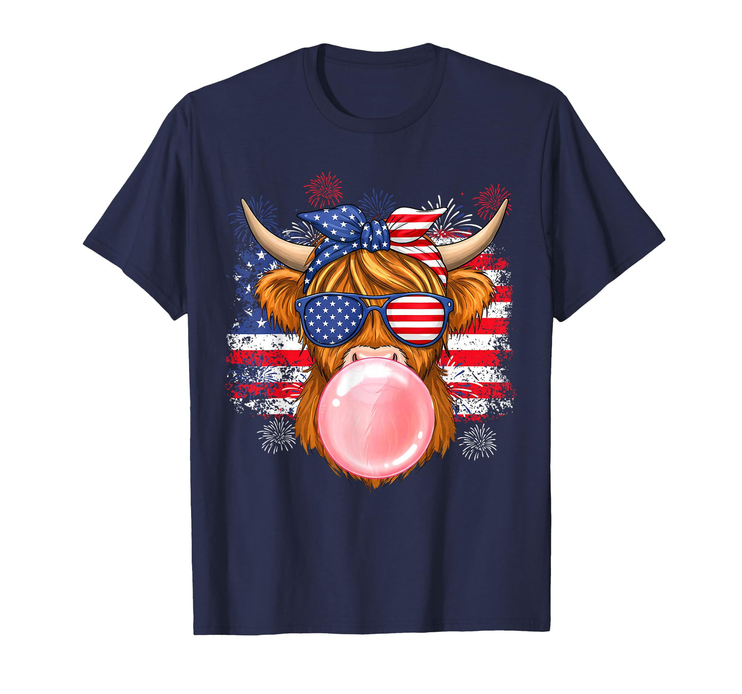Cute Highland Cow 4th of July USA Flag Patriotic Cow Farmer T-Shirt