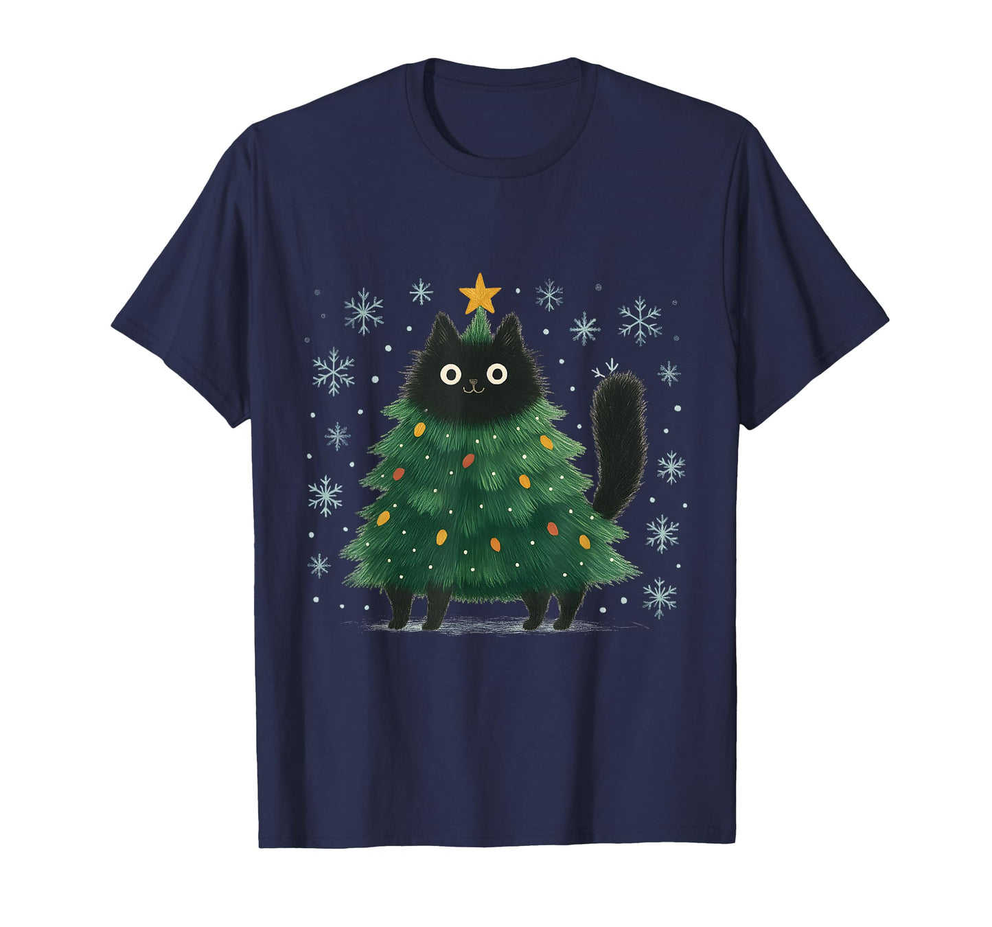 Cute Christmas Tree Cat Funny Holiday Snowflake T-Shirt