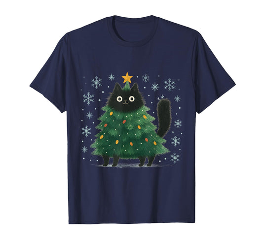 Cute Christmas Tree Cat Funny Holiday Snowflake T-Shirt