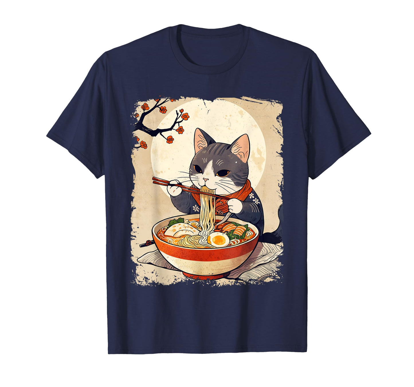 Kawaii Cat Eating Ramen Japanese Anime Ukiyo-e Funny Graphic T-Shirt