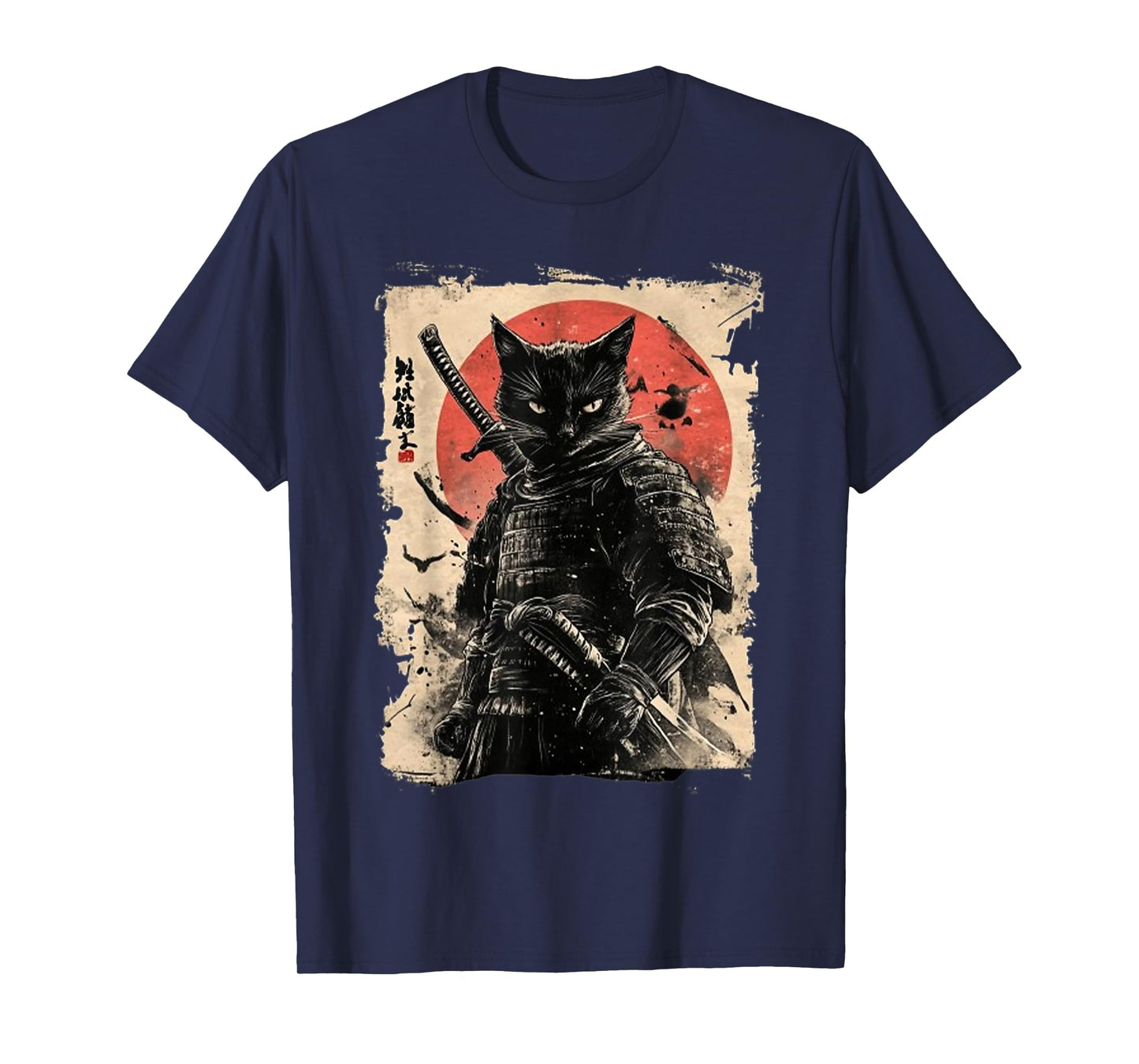 Vintage Japanese Art Anime Graphic Samurai cat Warrior T-Shirt