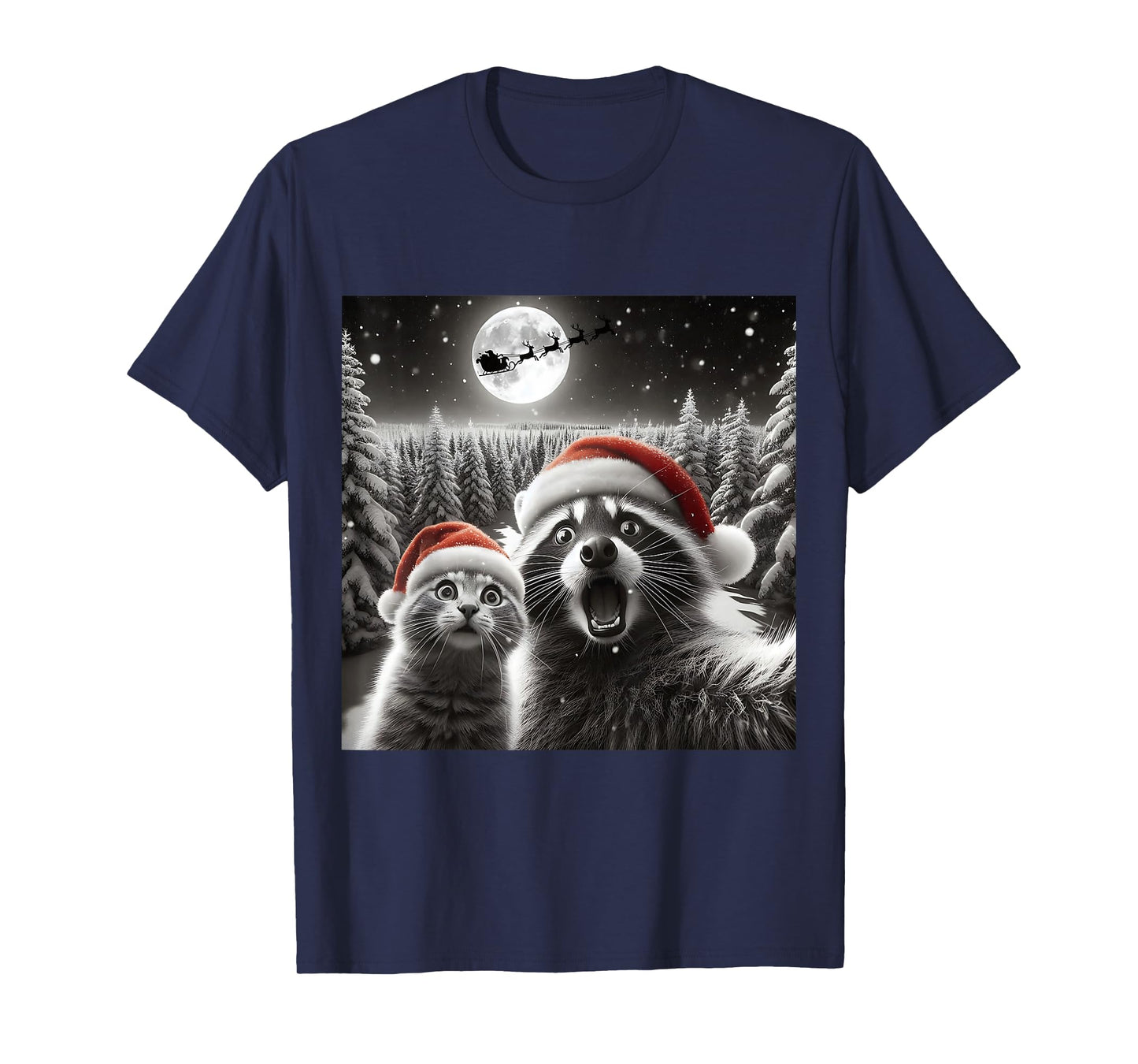 Cat Selfie Racoon Funny Santa Christmas Dog Trending T-Shirt