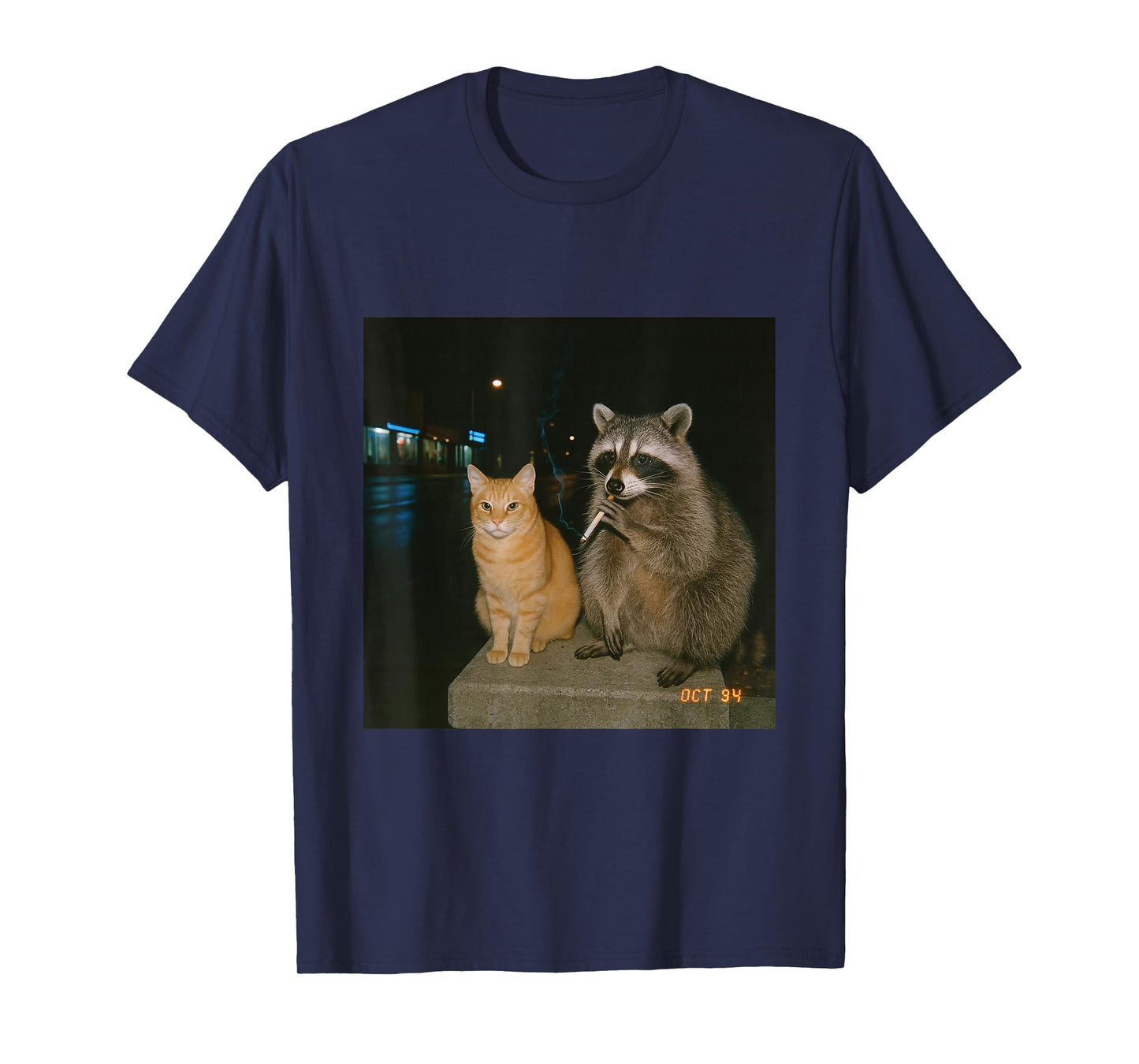 Vintage Raccoon Cat Smoking Aesthetic Night Photo 90s Vibe T-Shirt