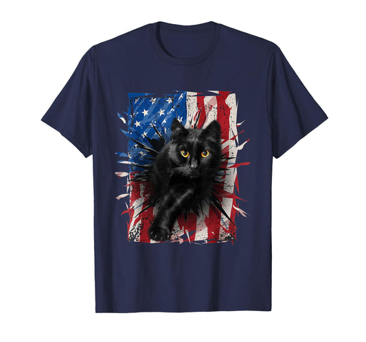 Patriotic Black Cat Torn American Flag 4th Of July USA T-Shirt