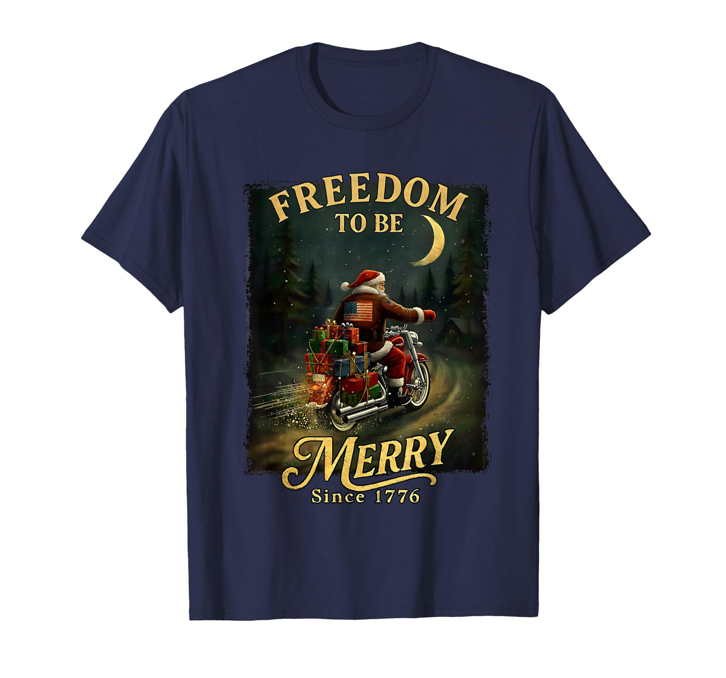 Vintage Patriotic Christmas Santa Riding Motorcycle T-Shirt