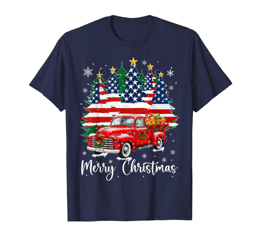 Merry Christmas Vintage Red Truck Us Flag Tree Xmas Men T-Shirt