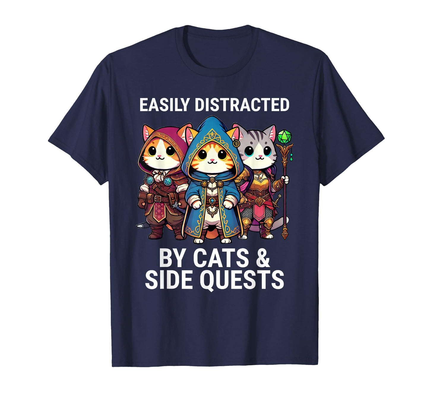 Easily Distracted By Cats And Side Quests Funny Video Gamer T-Shirt