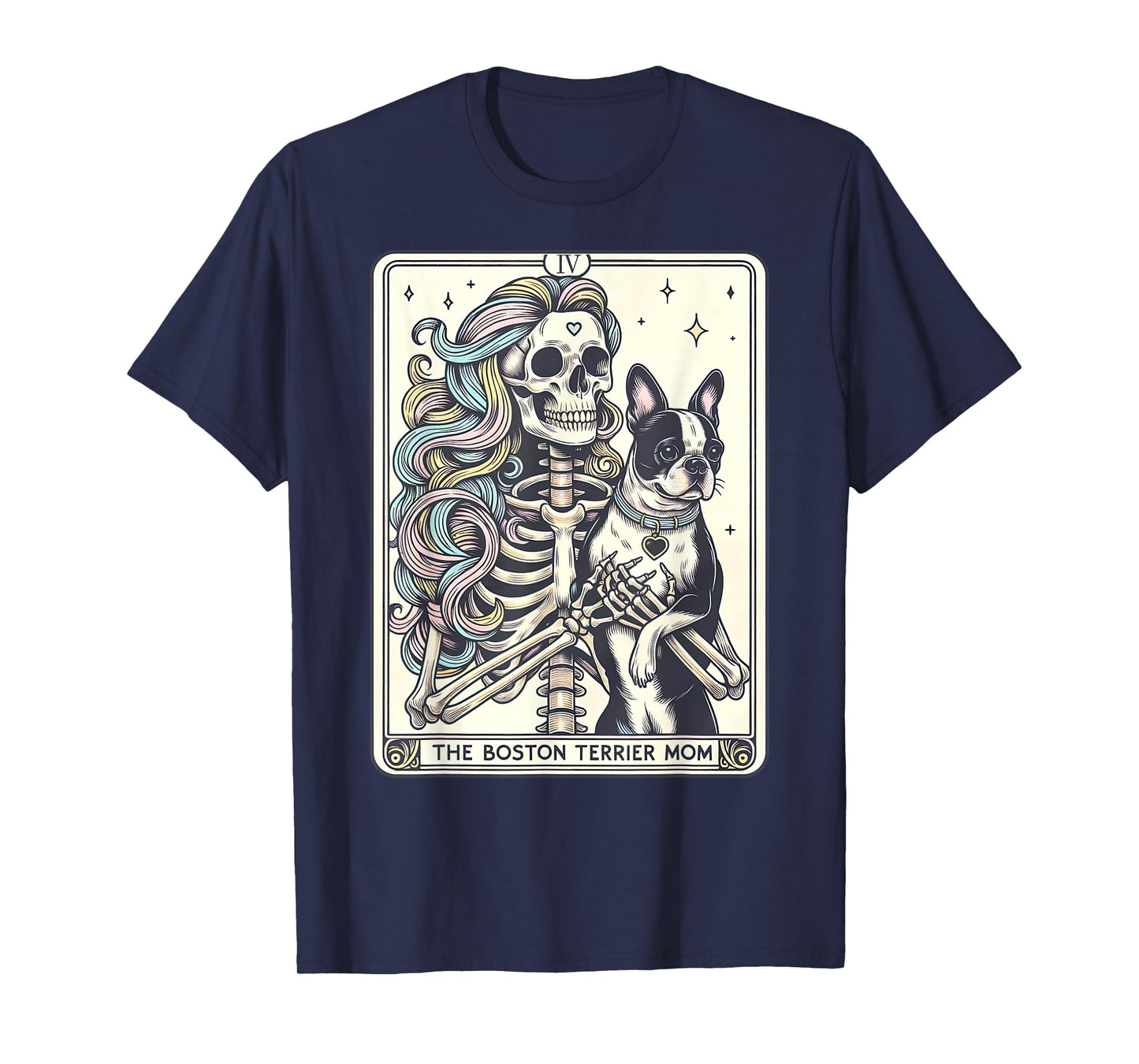Retro Boston Terrier Mom Tarot Card Funny Skeleton Dog Mama T-Shirt