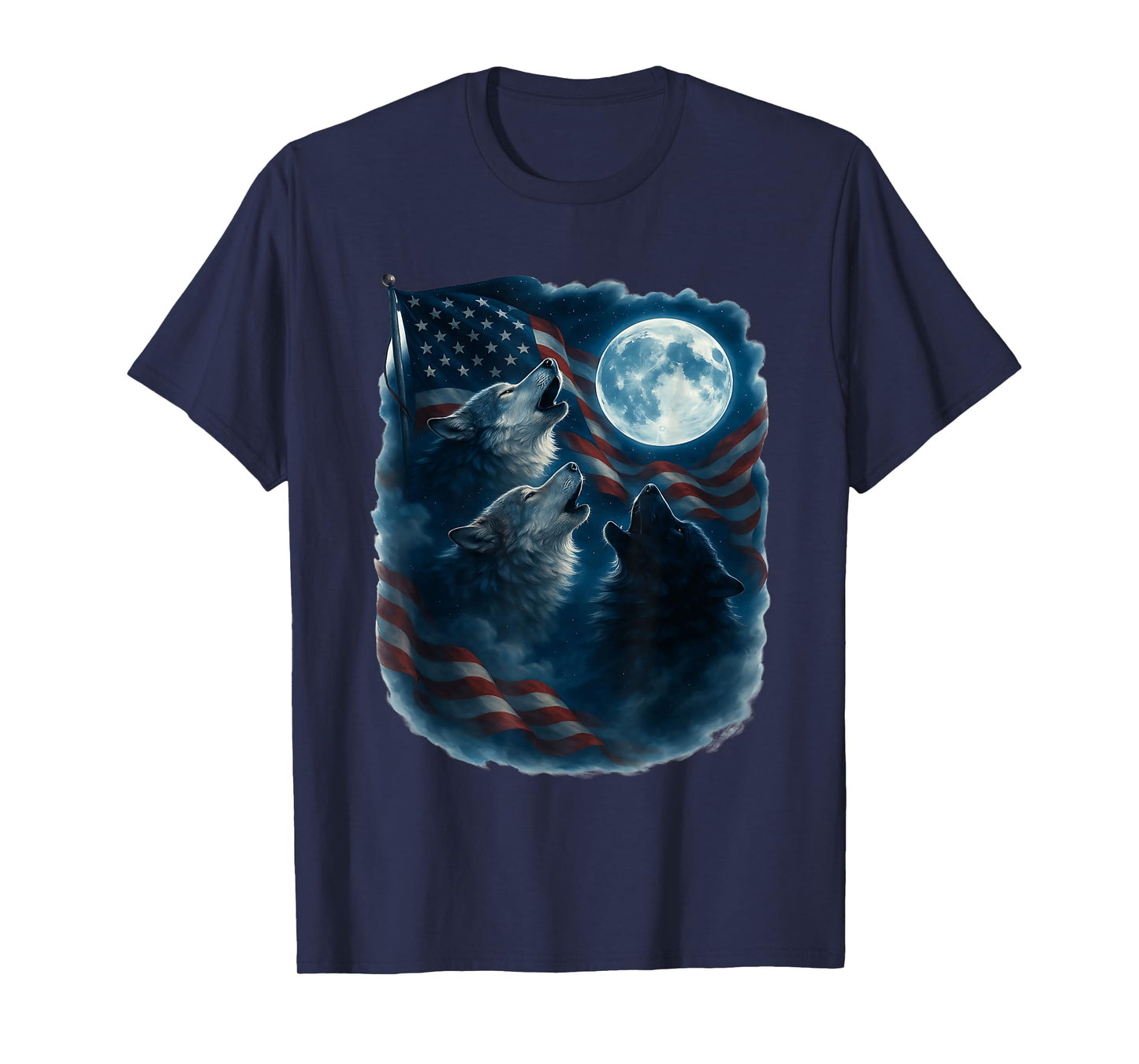 3 Wolf Howling At The Moon US Flag Wildlife Wolves Lovers T-Shirt