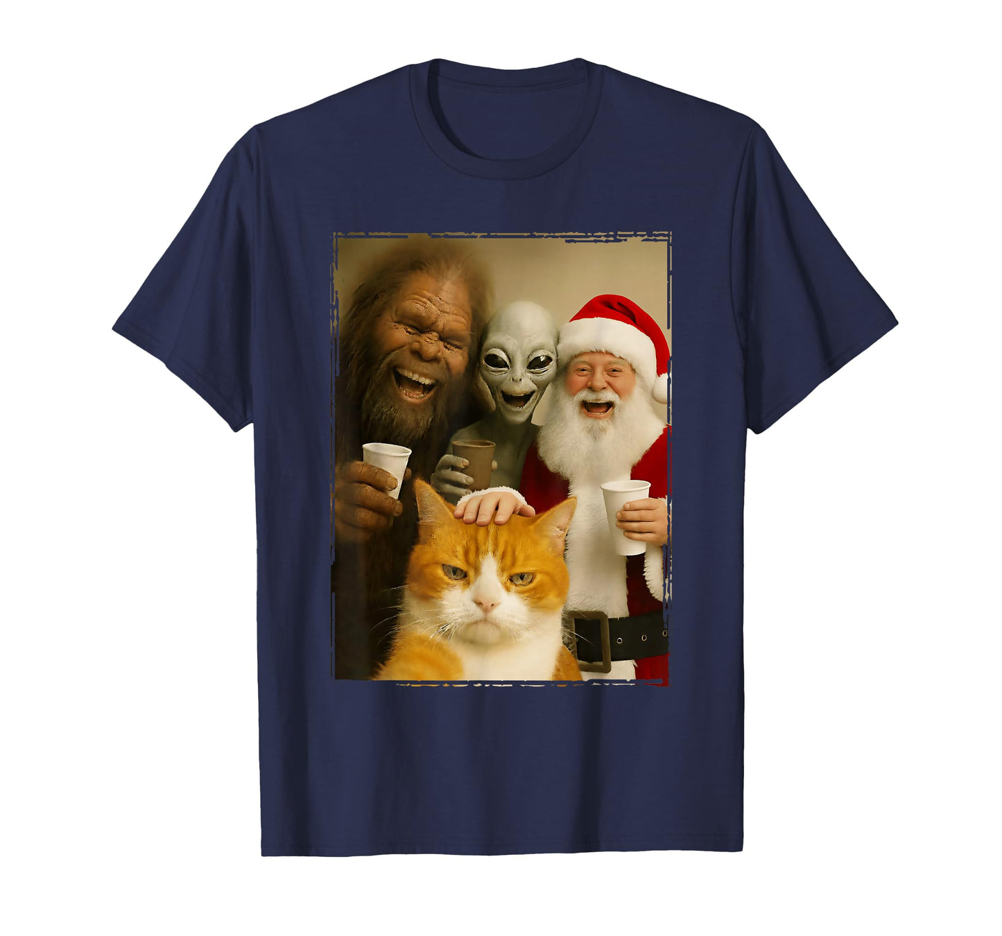 Cat Selfie with Bigfoot, Alien & Santa, Funny Christmas T-Shirt