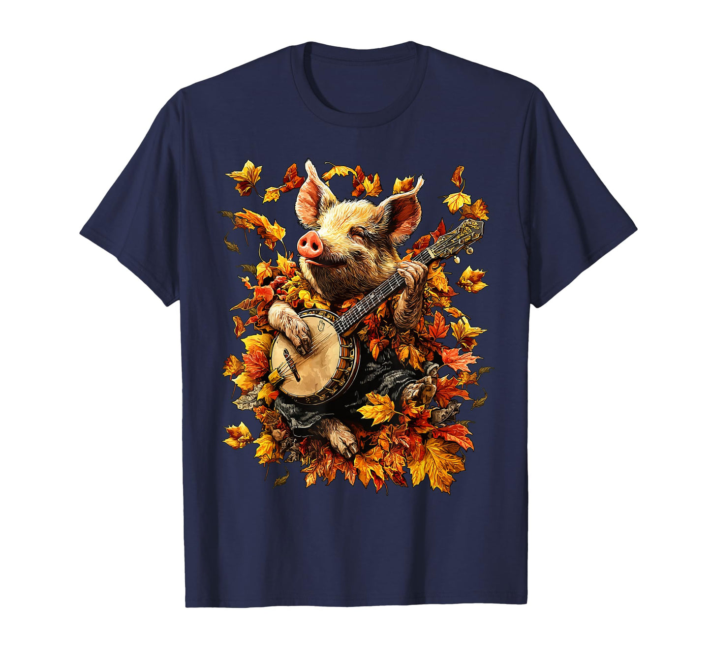 Banjoist Pig Playing Banjo Picker Fall Leaves Autumn Animal T-Shirt