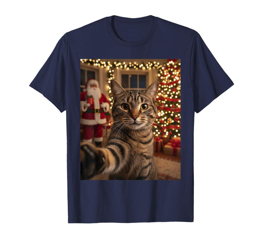 Christmas Cat Selfie with Santa Funny Xmas Holiday Men Women T-Shirt