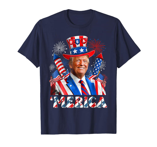 'Merica Trump Happy 4th of July Trump American Flag Funny T-Shirt
