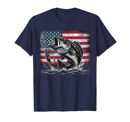 Fishing Retro American Flag Bass Fish Fisherman Camo T-Shirt