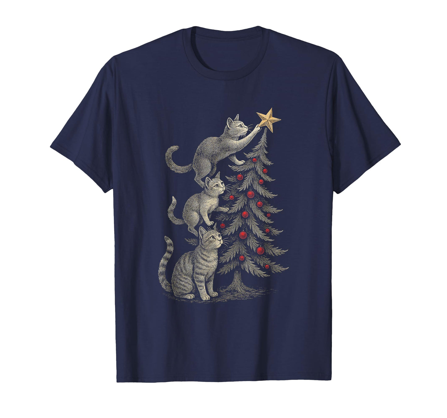 Cute Vintage Cats Putting Star on Tree Christmas Cat T-Shirt