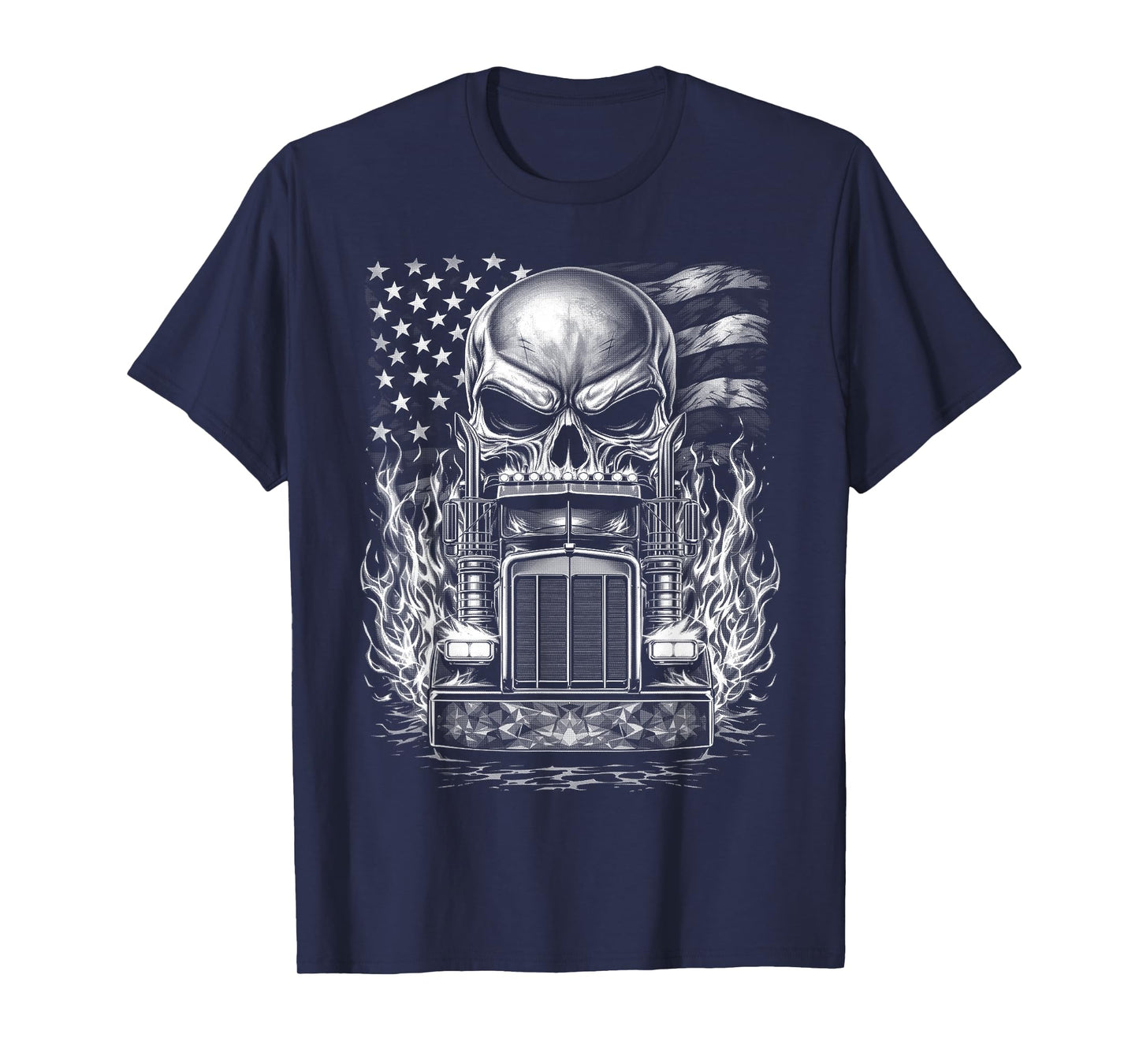 Trucker Patriotic American Flag Semi Truck Driver Skull T-Shirt