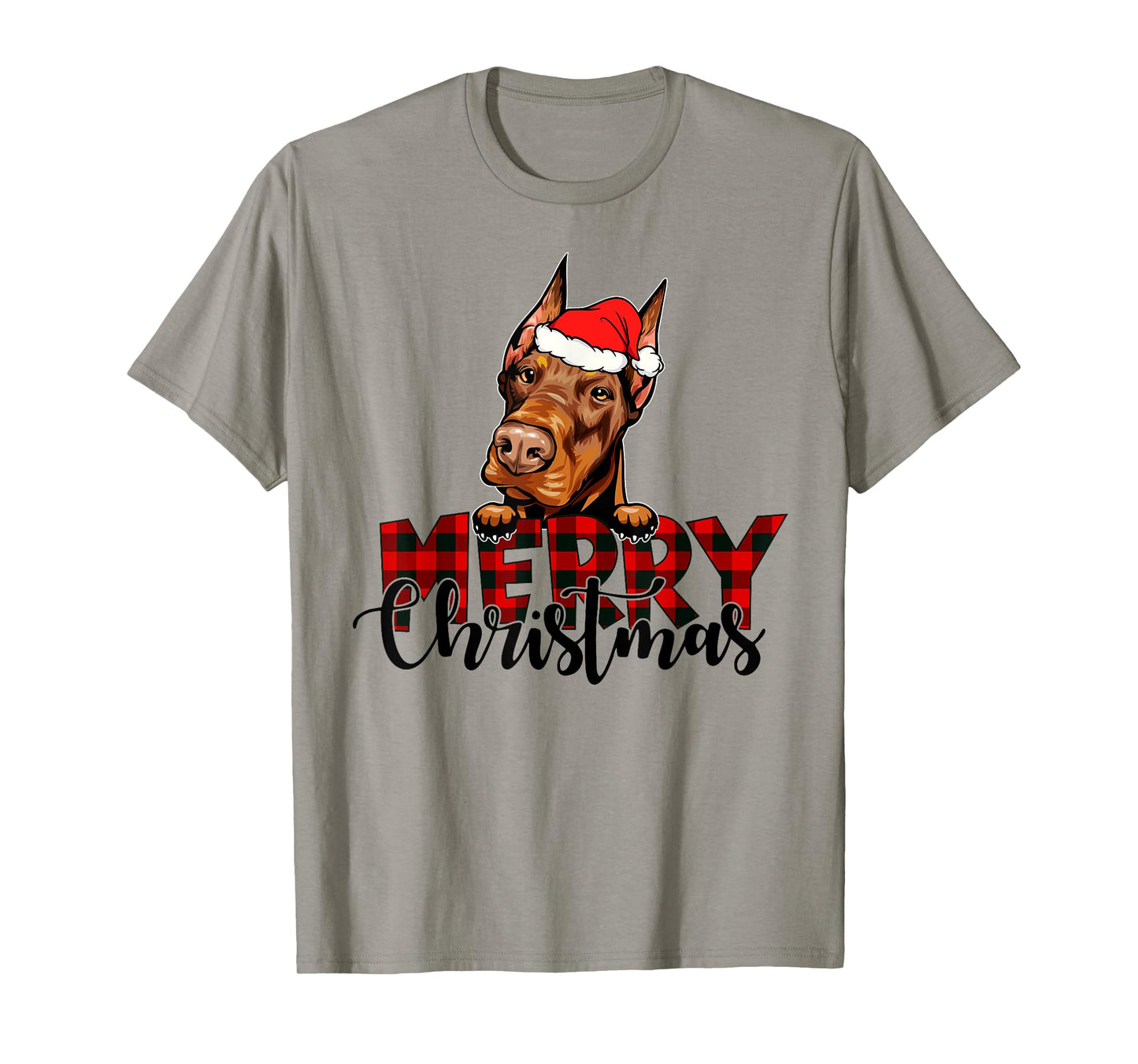Merry Christmas Doberman Dog Christmas Red Plaid Santa Hat T-Shirt