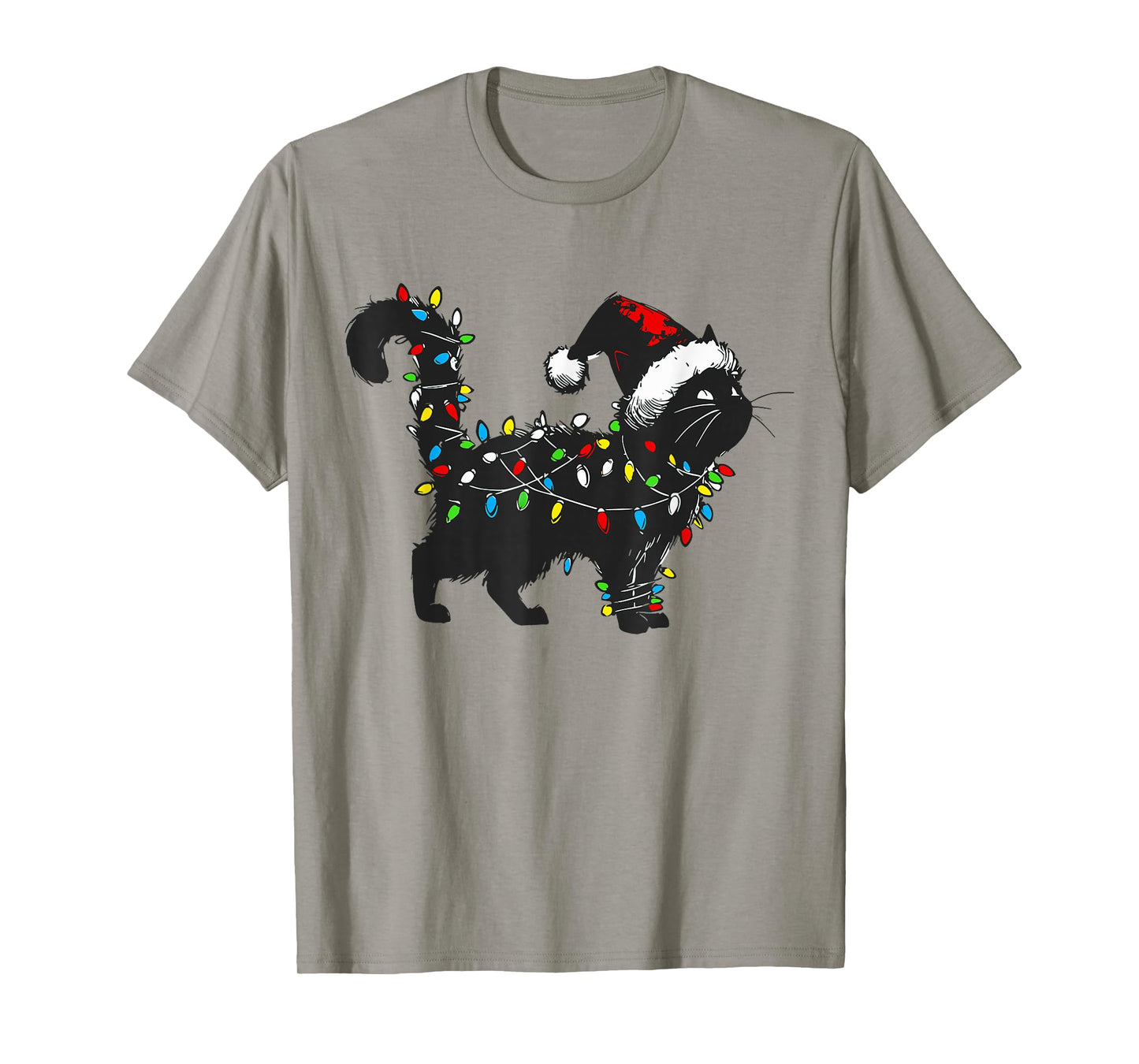 Black Cat Xmas Santa Hat Funny Cats Lover Christmas Light T-Shirt
