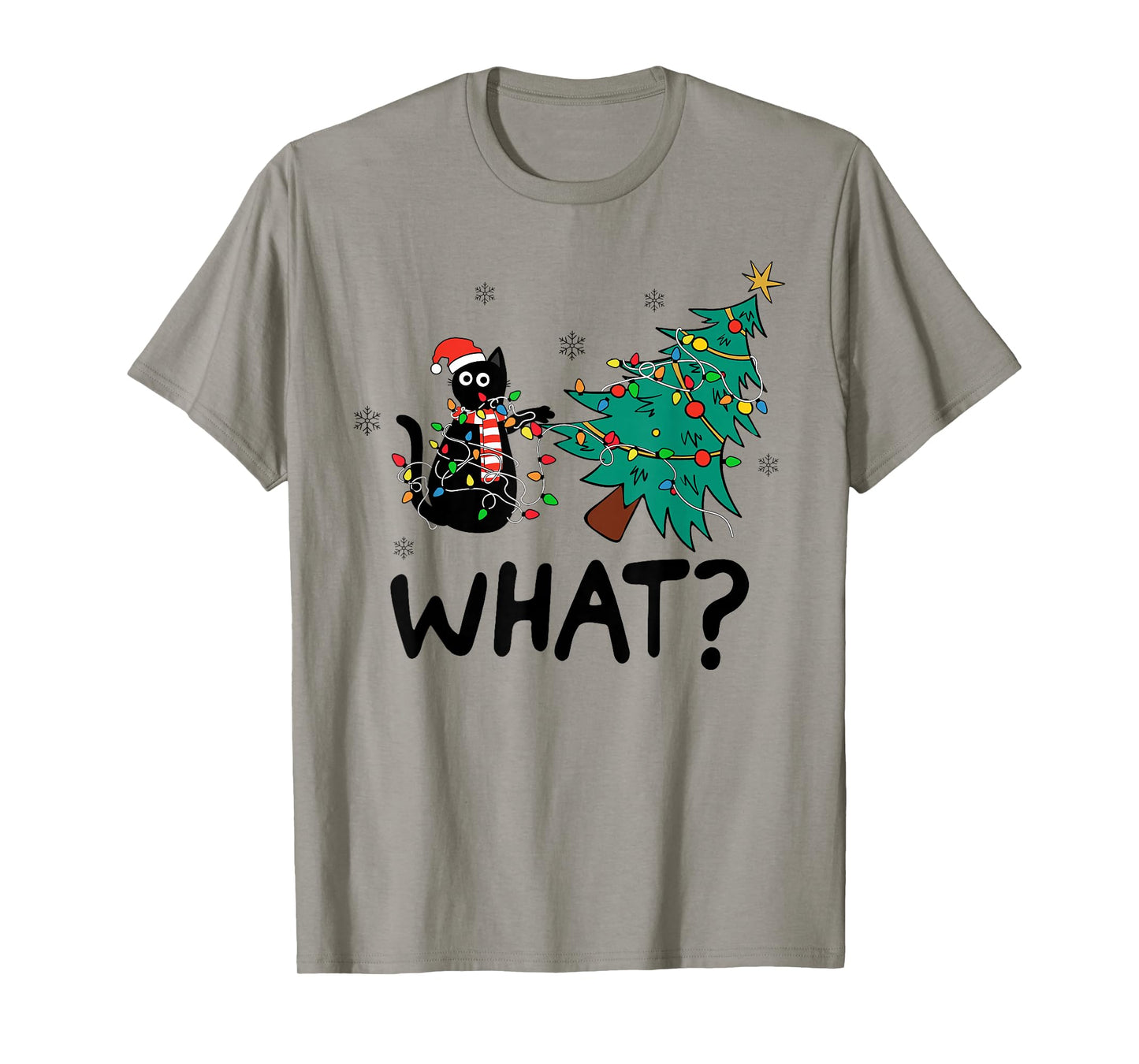 Funny Black Cat Gift Pushing Christmas Tree Over Cat What? T-Shirt