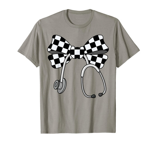 Checkered Coquette Nurse Stethoscope Bow Checkered Nurse T-Shirt